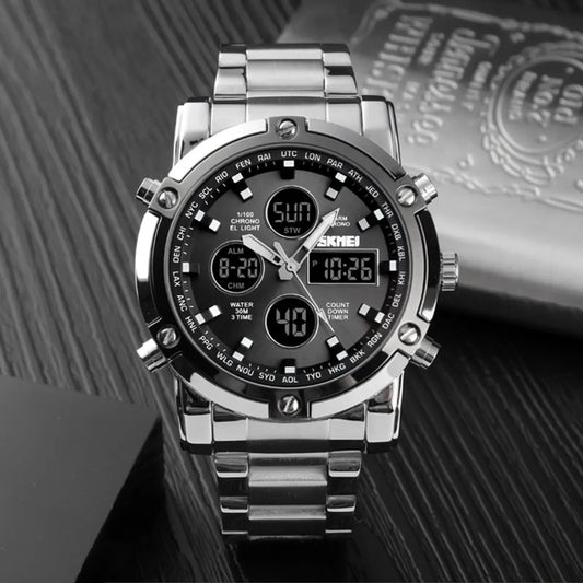 SKMEI Men's Fashion Wristwatch - 48mm Round Face Metal Case, 30M Waterproof, Stainless Steel Strap, 3 Time Zones, Nightlight, Dual Time Display, Timer, Calendar, Alarm, Unique Gifts for Man, Fashion Men's Accessories