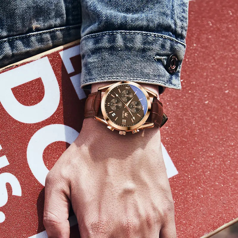 OLEVS Watch for Men Leather Casual Chronograph Analog Dress Strap Waterproof Luminous Fashion Easy to Read Gold Case Mans Watches