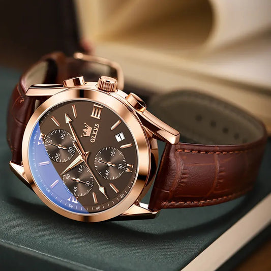 OLEVS Watch for Men Leather Casual Chronograph Analog Dress Strap Waterproof Luminous Fashion Easy to Read Gold Case Mans Watches