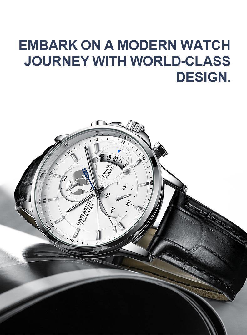 Elegant Men's Watch: Globe Design, 30m Water Resistance, Luminous Dial, Calendar & Chronograph | Stylish for Day & Business | Classic Timepiece