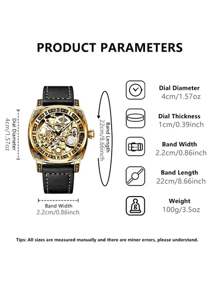 Business Fashion Round Dial Leather Strap Analog Mechanical Watch, Vintage All-match Buckle Automatic Wristwatch for Gift, Luminous Spring Pointer Design Watch with Box, Automatic Watches, National Day Offers, Mechanical Style Watches