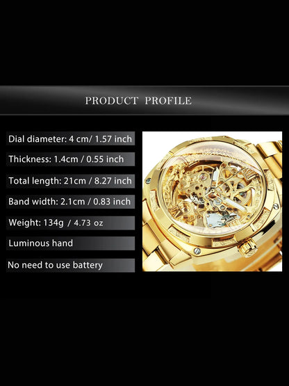 1pc Luxury Top Brand Skeleton Automatic Mechanical Watch with Box, High Quality Watch for Men, Luminous Hands, Stainless Steel Band, Business Casual Retro Festival Gifts