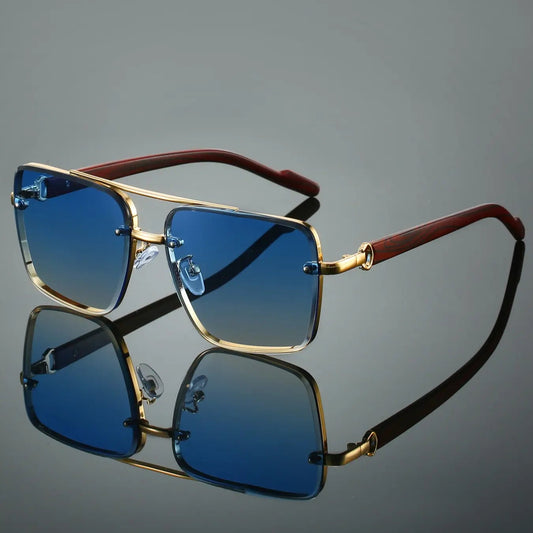 Men's New Full Frame Square Glasses, Retro Dual Bridge Design, Imitation Wood Texture Temples, Metal Frame, Classic Fashion Decorative Eyewear, Trendy Vintage Eyeglasses, Square Frames Eyeglasses, Fashionable Frames Glasses, Stylish Trendy Eyewear