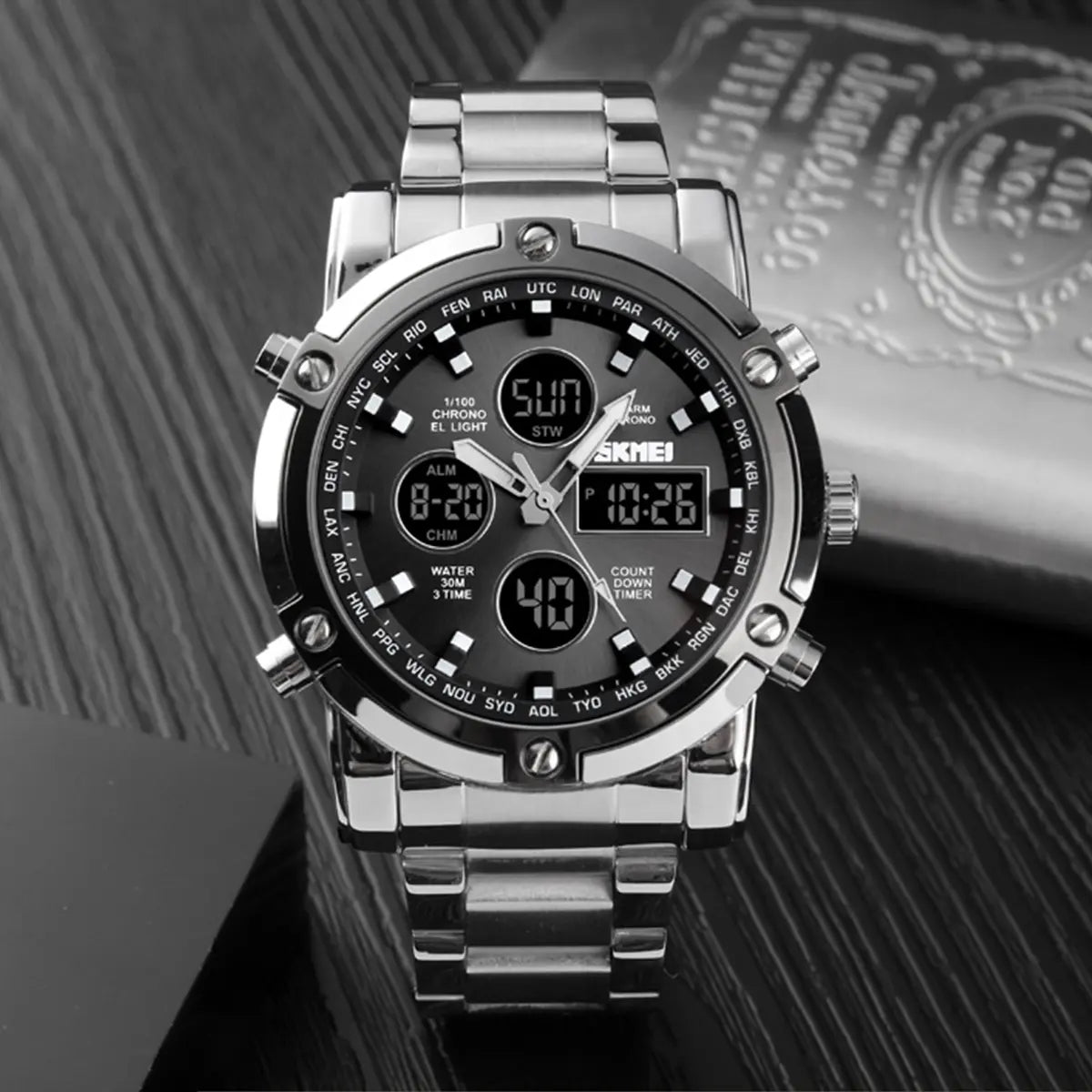 SKMEI Men's Fashion Wristwatch - 48mm Round Face Metal Case, 30M Waterproof, Stainless Steel Strap, 3 Time Zones, Nightlight, Dual Time Display, Timer, Calendar, Alarm, Unique Gifts for Man, Fashion Men's Accessories