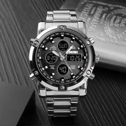 SKMEI Men's Fashion Wristwatch - 48mm Round Face Metal Case, 30M Waterproof, Stainless Steel Strap, 3 Time Zones, Nightlight, Dual Time Display, Timer, Calendar, Alarm, Unique Gifts for Man, Fashion Men's Accessories