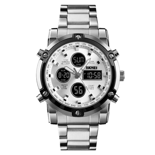 SKMEI Men's Fashion Wristwatch - 48mm Round Face Metal Case, 30M Waterproof, Stainless Steel Strap, 3 Time Zones, Nightlight, Dual Time Display, Timer, Calendar, Alarm, Unique Gifts for Man, Fashion Men's Accessories
