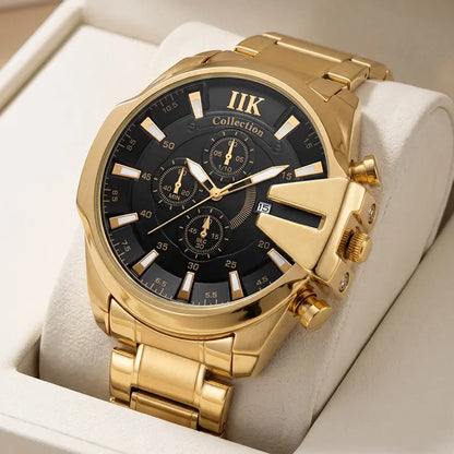 Swiss Quality Luxury Chronograph Watch for Men - Gold Tone Sport Wristwatch with Black Dial, Luminous Hands & Date Window