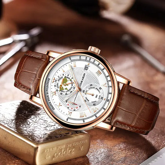 Men's Watch Original Movement LOUIEJUELEN Swiss Brand with Luminous Date Display Function 3ATM Waterproof Sapphire Crystal Artificial Leather Strap Multi-Function Chronograph Suitable for Work Occasions