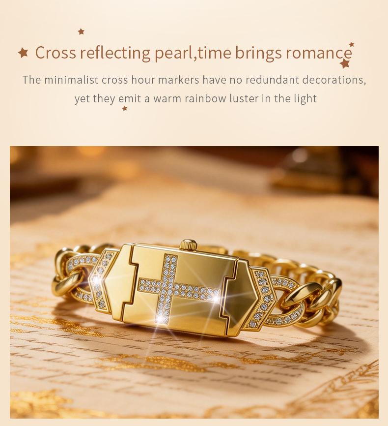 Gold Cross Bracelet Watch SummerWins 4th of july accessories Sparkling Crystal Cross Embellishment, Geometric Rectangular Dial, Premium Metal Bracelet Timepiece, Perfect for Daily Elegance & Gifting Perfect Mother’s Day gift