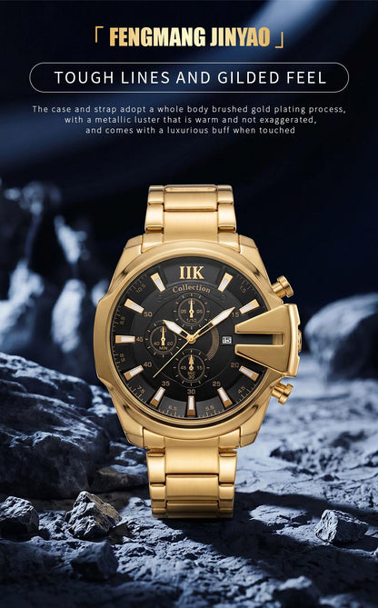 Swiss Quality Luxury Chronograph Watch for Men - Gold Tone Sport Wristwatch with Black Dial, Luminous Hands & Date Window