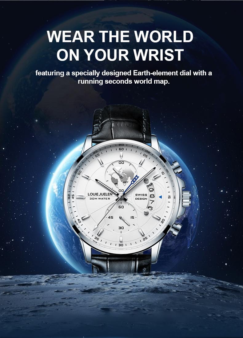 Elegant Men's Watch: Globe Design, 30m Water Resistance, Luminous Dial, Calendar & Chronograph | Stylish for Day & Business | Classic Timepiece
