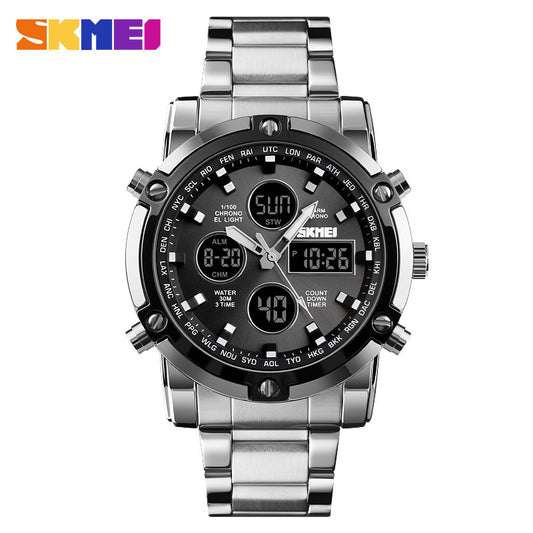 SKMEI Men's Fashion Wristwatch - 48mm Round Face Metal Case, 30M Waterproof, Stainless Steel Strap, 3 Time Zones, Nightlight, Dual Time Display, Timer, Calendar, Alarm, Unique Gifts for Man, Fashion Men's Accessories