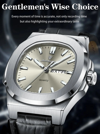 Men's Waterproof Design Quartz Wristwatch with Date and Day Display, Casual Analog Watch with PU Leather Band, Perfect Gift for Him, Sporty Style Timepiece
