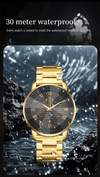 【Holiday Haul】Men's and Women’s Watch with Bible Verse and Cross Design, Waterproof Stainless Steel Band, Business Casual Style, Gold Sapphire Crystal, Perfect Gift for Birthdays, Christmas, and Halloween Quartz Chronograph Rhinestone