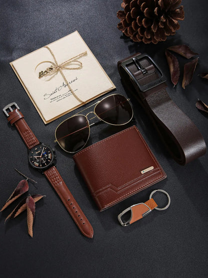 Men's Business Fashion Casual Watch Gift Set, Includes Watch, Wallet, Sunglasses, Keychain, Cufflinks and Tie Clip, with Gift Box, Birthday Gift for Men, Men Accessories, Accessory Set
