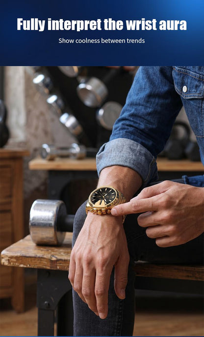 Swiss Quality Luxury Chronograph Watch for Men - Gold Tone Sport Wristwatch with Black Dial, Luminous Hands & Date Window