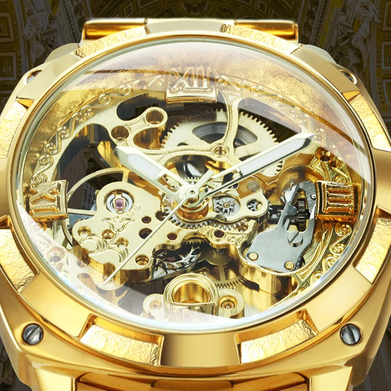 1pc Luxury Top Brand Skeleton Automatic Mechanical Watch with Box, High Quality Watch for Men, Luminous Hands, Stainless Steel Band, Business Casual Retro Festival Gifts