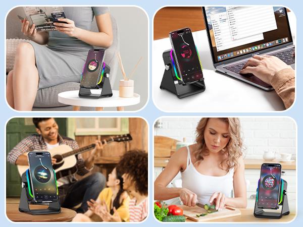 PUTARE Wireless Induction Audio Speaker Stand, 5in1 Cellphone Holder, 3500mAh Rechargeable Emergency Power Bank,360° Adjustable Mobile Tablet Stand with Colorful Ambient Light Gifts for Men Women SummerWins