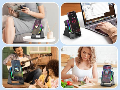PUTARE Wireless Induction Audio Speaker Stand, 5in1 Cellphone Holder, 3500mAh Rechargeable Emergency Power Bank,360° Adjustable Mobile Tablet Stand with Colorful Ambient Light Gifts for Men Women SummerWins