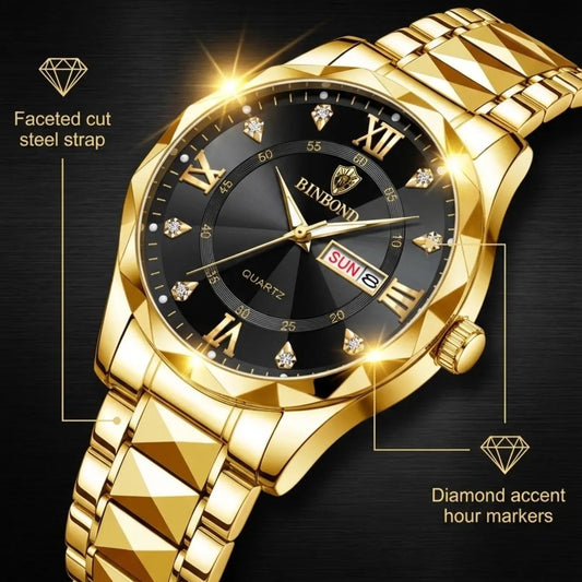 Men's Business Fashion Rhinestone Decor Analog Quartz Watch, Calendrier Waterproof Watch for Party, Daily Decor, Trendy Watch for Birthday Gift with Box, Stainless Steel Wristwatch, Rhinestone Embellished Watch