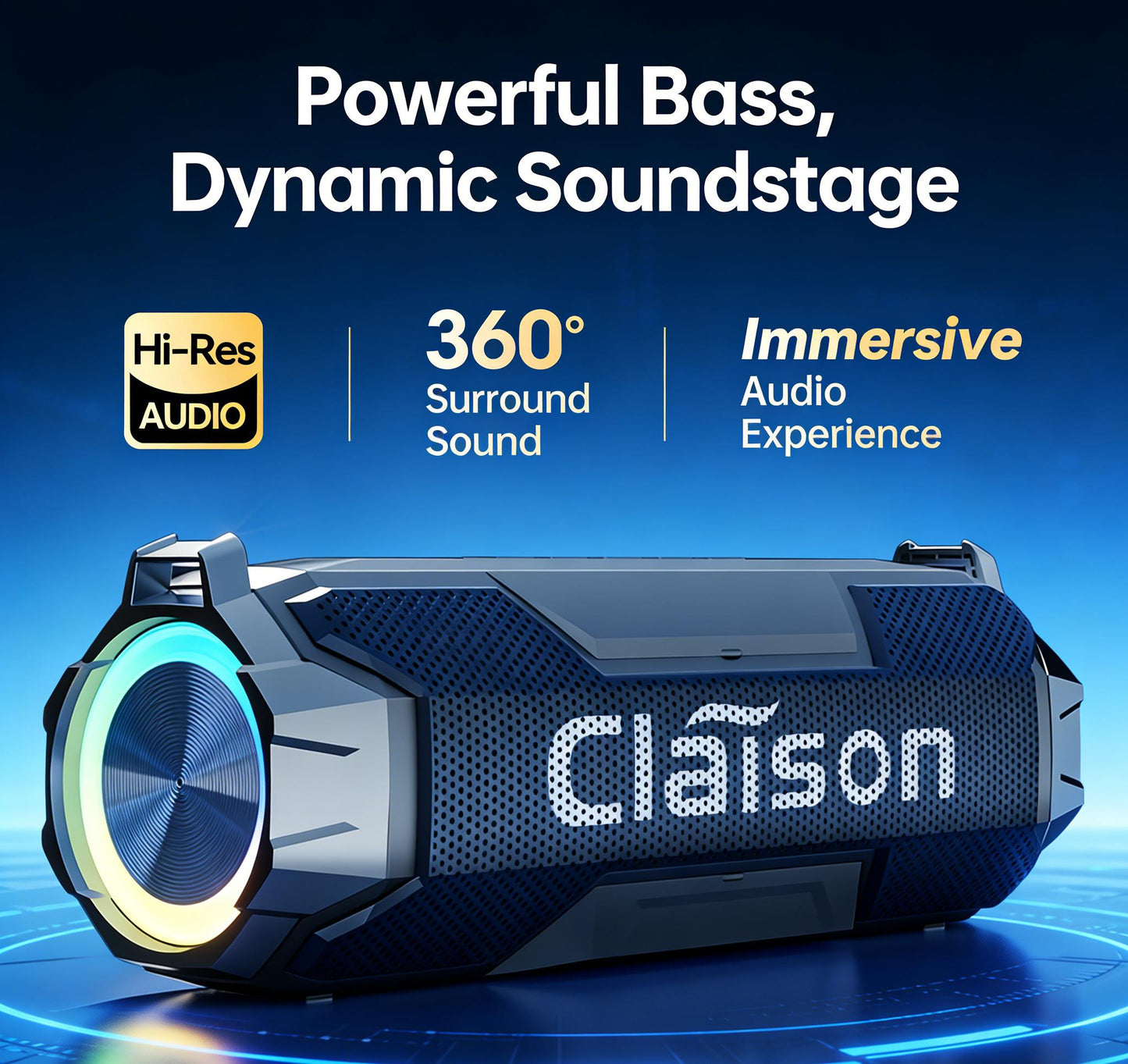 Claison Multifunctional Portable Wireless Bluetooth 5.3 Speaker - IPX6 Waterproof, 3600 mAh Rechargeable Battery, RGB LED Light, Detachable Protective Net, Crisp Audio & Deep Bass, Mobile/Android/Computer Compatible, Ideal for Camping & Gaming