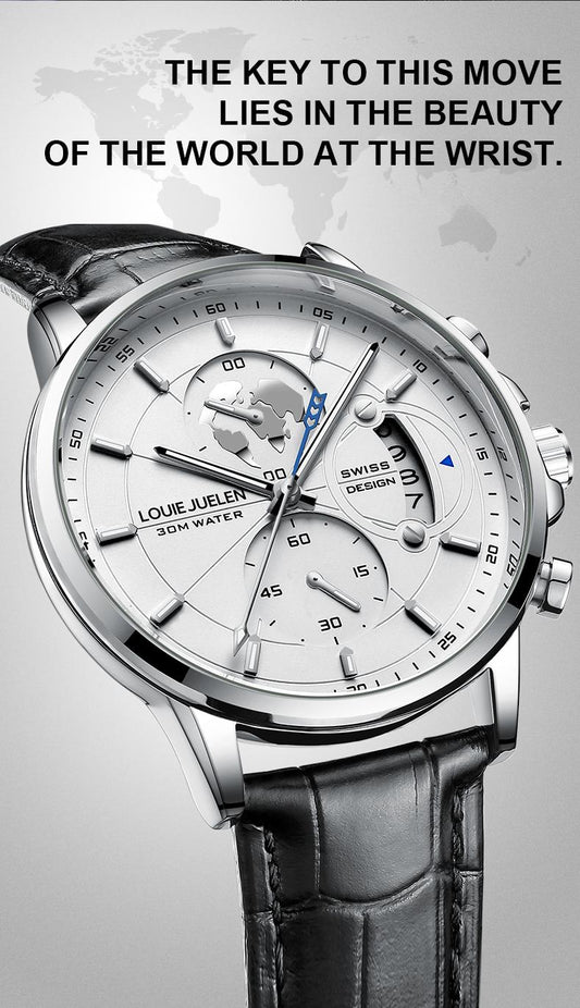 Elegant Men's Watch: Globe Design, 30m Water Resistance, Luminous Dial, Calendar & Chronograph | Stylish for Day & Business | Classic Timepiece