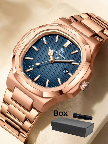 Luxury Men's Elegant Square Dial Luminous Waterproof Stainless Steel Watch with Calendar, High-Quality Quartz Analog Business Watch, Fashion Wristwatch, Stylish Watch, Perfect Gift