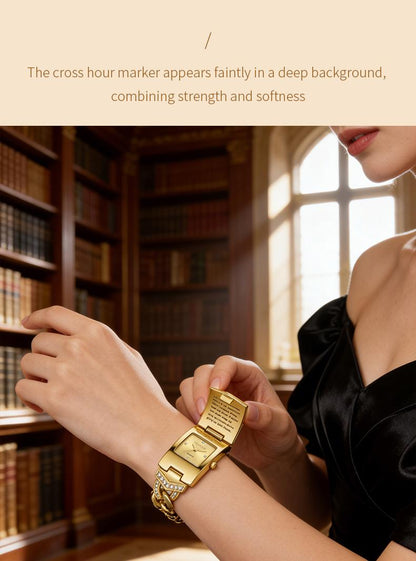 Gold Cross Bracelet Watch SummerWins 4th of july accessories Sparkling Crystal Cross Embellishment, Geometric Rectangular Dial, Premium Metal Bracelet Timepiece, Perfect for Daily Elegance & Gifting Perfect Mother’s Day gift