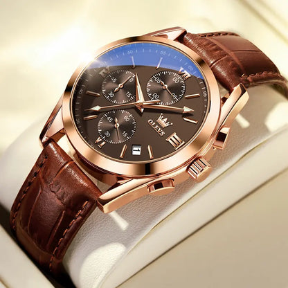 OLEVS Watch for Men Leather Casual Chronograph Analog Dress Strap Waterproof Luminous Fashion Easy to Read Gold Case Mans Watches