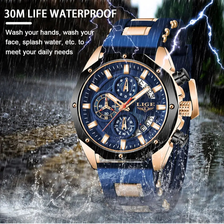 LIGE Men's Analog Quartz Sporty Waterproof Watch - Chronograph, Blue Dial, Water Resistant, Ideal for Outdoor Activities, Father Gifts, Men's Stuff