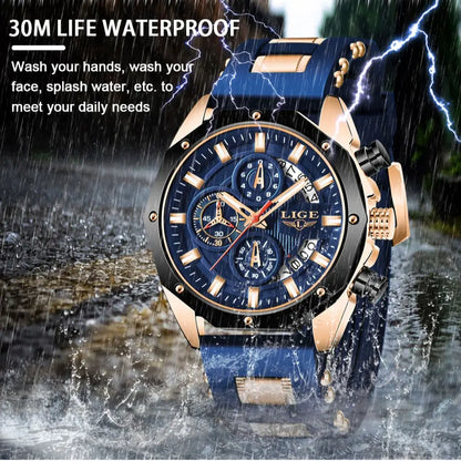 LIGE Men's Analog Quartz Sporty Waterproof Watch - Chronograph, Blue Dial, Water Resistant, Ideal for Outdoor Activities, Father Gifts, Men's Stuff