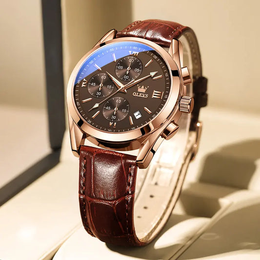 OLEVS Watch for Men Leather Casual Chronograph Analog Dress Strap Waterproof Luminous Fashion Easy to Read Gold Case Mans Watches