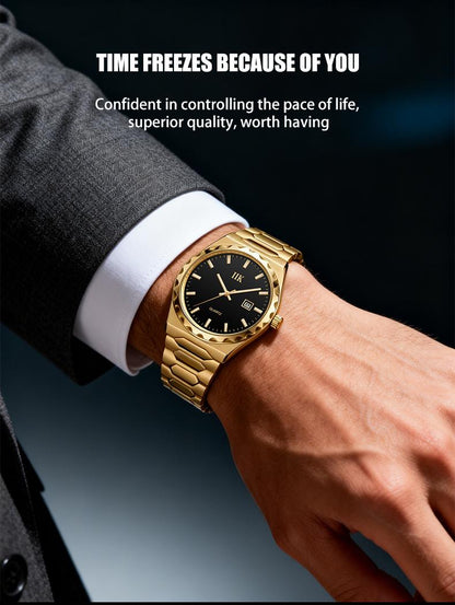 Men's Business Fashion Quartz Wristwatch - Gold Tone Black Dial with Luminous Markers, Date Function & Water Resistance，Elegant Gift Box