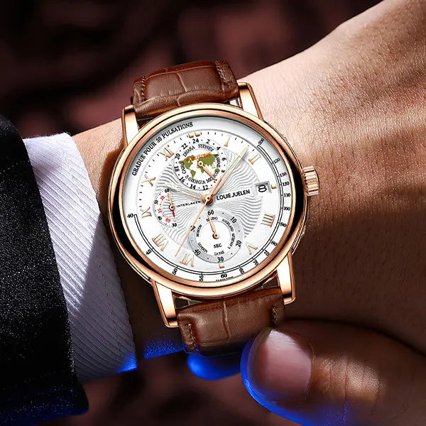 Men's Watch Original Movement LOUIEJUELEN Swiss Brand with Luminous Date Display Function 3ATM Waterproof Sapphire Crystal Artificial Leather Strap Multi-Function Chronograph Suitable for Work Occasions