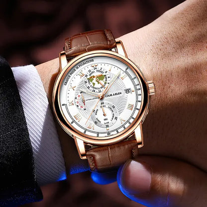 Men's Watch Original Movement LOUIEJUELEN Swiss Brand with Luminous Date Display Function 3ATM Waterproof Sapphire Crystal Artificial Leather Strap Multi-Function Chronograph Suitable for Work Occasions