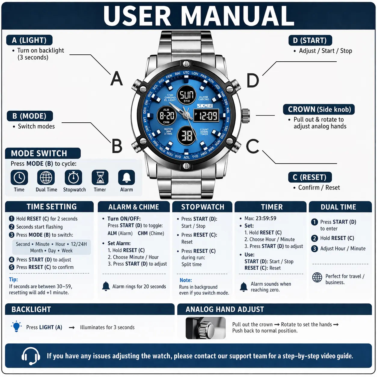 SKMEI Men's Fashion Wristwatch - 48mm Round Face Metal Case, 30M Waterproof, Stainless Steel Strap, 3 Time Zones, Nightlight, Dual Time Display, Timer, Calendar, Alarm, Unique Gifts for Man, Fashion Men's Accessories