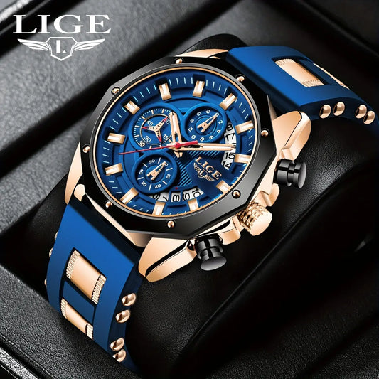LIGE Men's Analog Quartz Sporty Waterproof Watch - Chronograph, Blue Dial, Water Resistant, Ideal for Outdoor Activities, Father Gifts, Men's Stuff