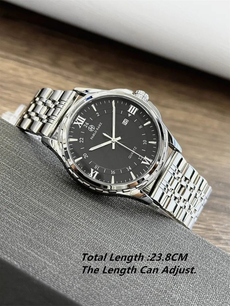 Men's Business Fashion Round Dial Analog Quartz Stainless Steel Watch, Fashion Watch for Party, Daily Clothing Decor, Trendy All-match & Exquisite Watch for Birthday Gift with Box