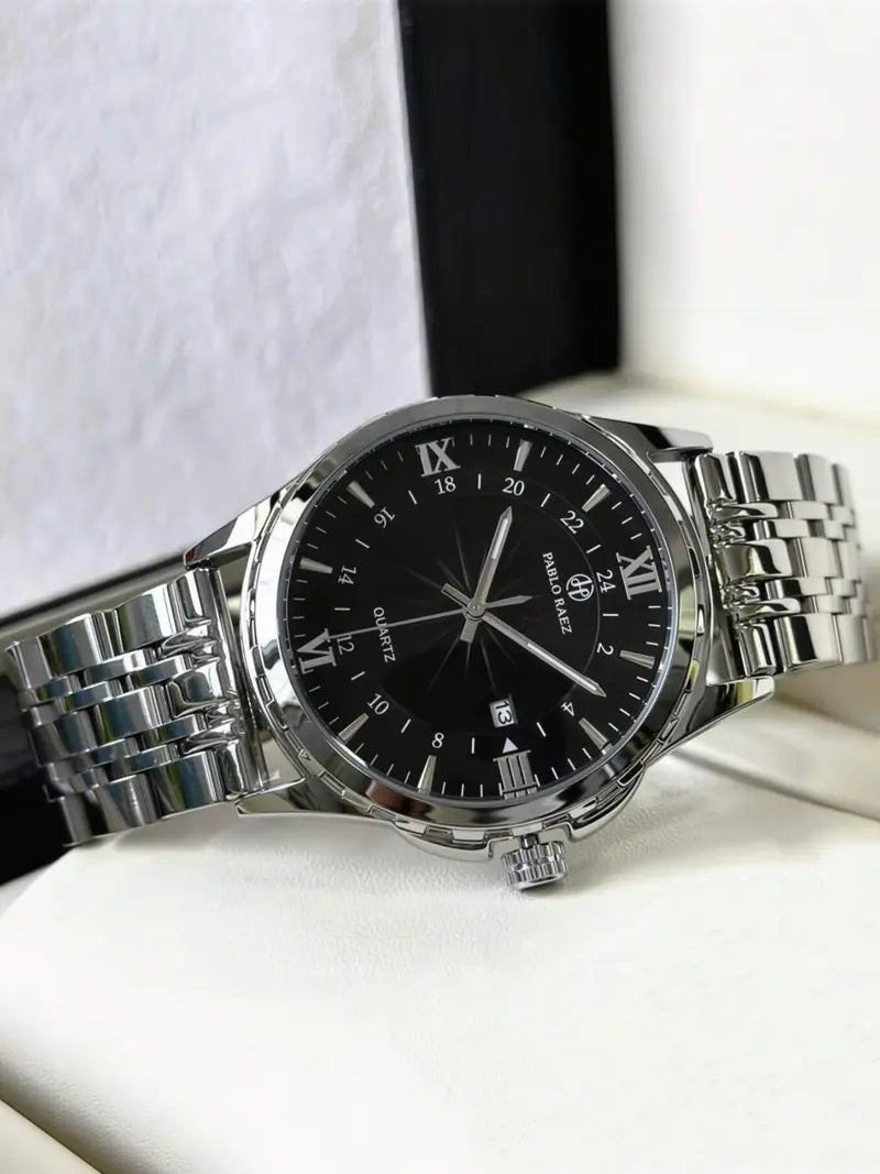 Men's Business Fashion Round Dial Analog Quartz Stainless Steel Watch, Fashion Watch for Party, Daily Clothing Decor, Trendy All-match & Exquisite Watch for Birthday Gift with Box