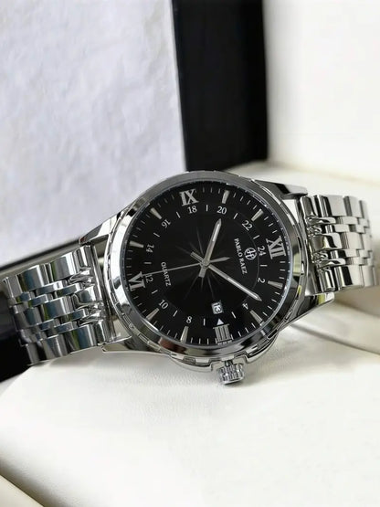 Men's Business Fashion Round Dial Analog Quartz Stainless Steel Watch, Fashion Watch for Party, Daily Clothing Decor, Trendy All-match & Exquisite Watch for Birthday Gift with Box