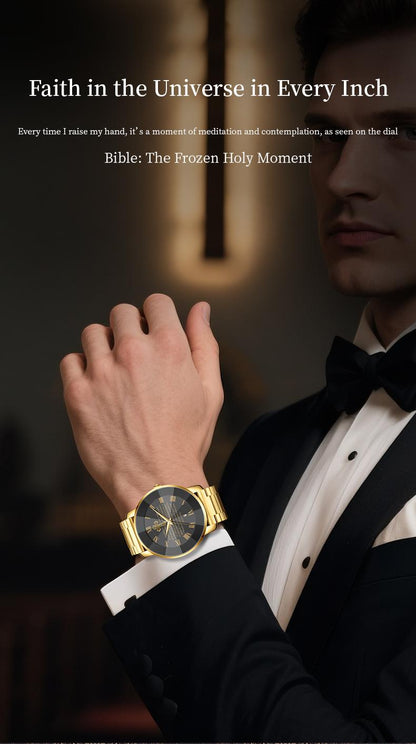 【Holiday Haul】Men's and Women’s Watch with Bible Verse and Cross Design, Waterproof Stainless Steel Band, Business Casual Style, Gold Sapphire Crystal, Perfect Gift for Birthdays, Christmas, and Halloween Quartz Chronograph Rhinestone