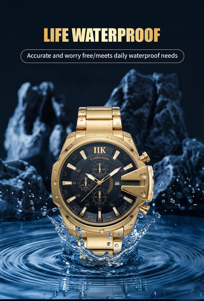 Swiss Quality Luxury Chronograph Watch for Men - Gold Tone Sport Wristwatch with Black Dial, Luminous Hands & Date Window