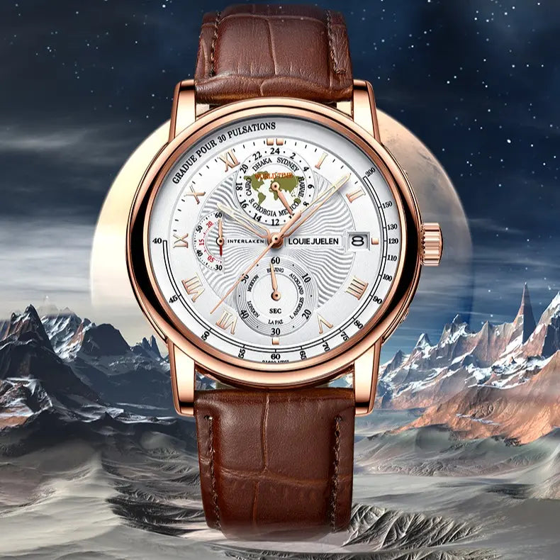 Men's Watch Original Movement LOUIEJUELEN Swiss Brand with Luminous Date Display Function 3ATM Waterproof Sapphire Crystal Artificial Leather Strap Multi-Function Chronograph Suitable for Work Occasions