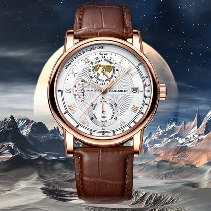 Men's Watch Original Movement LOUIEJUELEN Swiss Brand with Luminous Date Display Function 3ATM Waterproof Sapphire Crystal Artificial Leather Strap Multi-Function Chronograph Suitable for Work Occasions