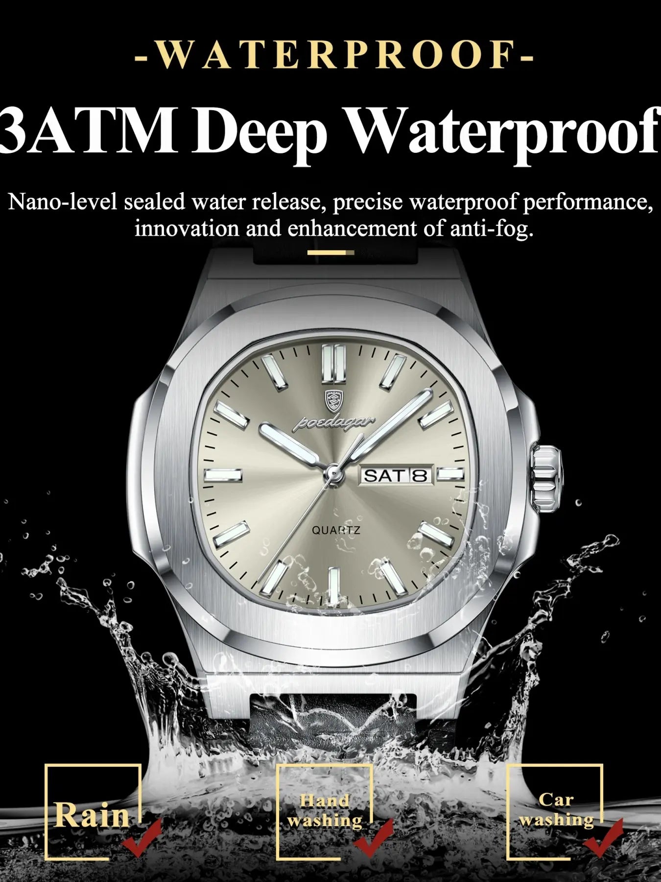 Men's Waterproof Design Quartz Wristwatch with Date and Day Display, Casual Analog Watch with PU Leather Band, Perfect Gift for Him, Sporty Style Timepiece