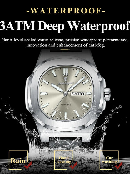 Men's Waterproof Design Quartz Wristwatch with Date and Day Display, Casual Analog Watch with PU Leather Band, Perfect Gift for Him, Sporty Style Timepiece
