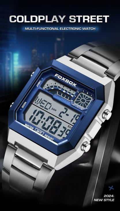 FOXBOX Men's Digital Fashion Watch - Alloy Case and Strap, Water-Resistant Design, Backlight, Time/Date/Weekday Display for Students and Adults