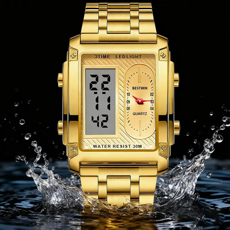 men's square creative dual-movement multifunctional sports watch, featuring a luxurious triple-time design, water resistance, luminous dial, Exuding a minimalist aesthetic, it is elegant, durable, and the perfect choice for everyday wear.