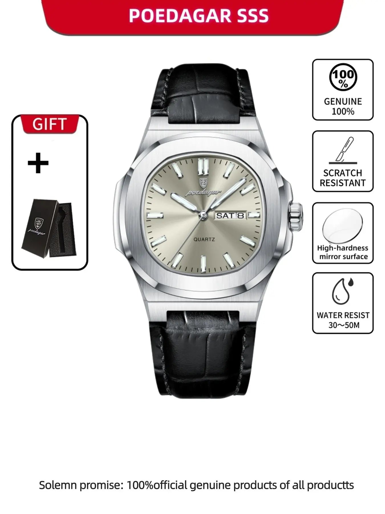 Men's Waterproof Design Quartz Wristwatch with Date and Day Display, Casual Analog Watch with PU Leather Band, Perfect Gift for Him, Sporty Style Timepiece
