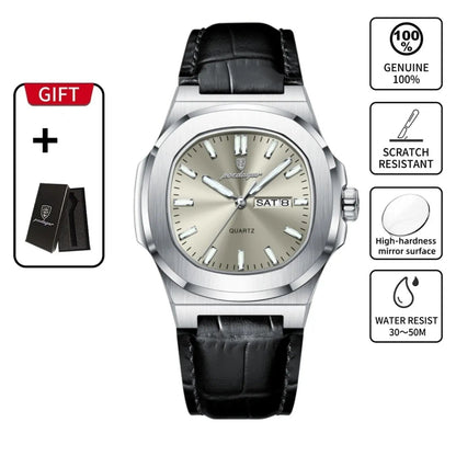 Men's Waterproof Design Quartz Wristwatch with Date and Day Display, Casual Analog Watch with PU Leather Band, Perfect Gift for Him, Sporty Style Timepiece
